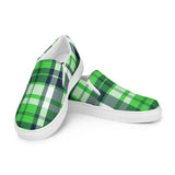 Lime Green & Navy Blue Plaid Men's Slip-On Sneakers | Extremely Stoked® Surf-Style Canvas Shoes
