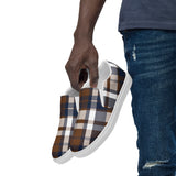 Brown & Navy Blue Plaid Men's Slip-On Sneakers | Extremely Stoked® Surf-Style Canvas Shoes