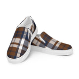 Brown & Navy Blue Plaid Men's Slip-On Sneakers | Extremely Stoked® Surf-Style Canvas Shoes