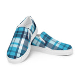Aqua & Navy Blue Plaid Men's Slip-On Sneakers | Extremely Stoked® Surf-Style Canvas Shoes