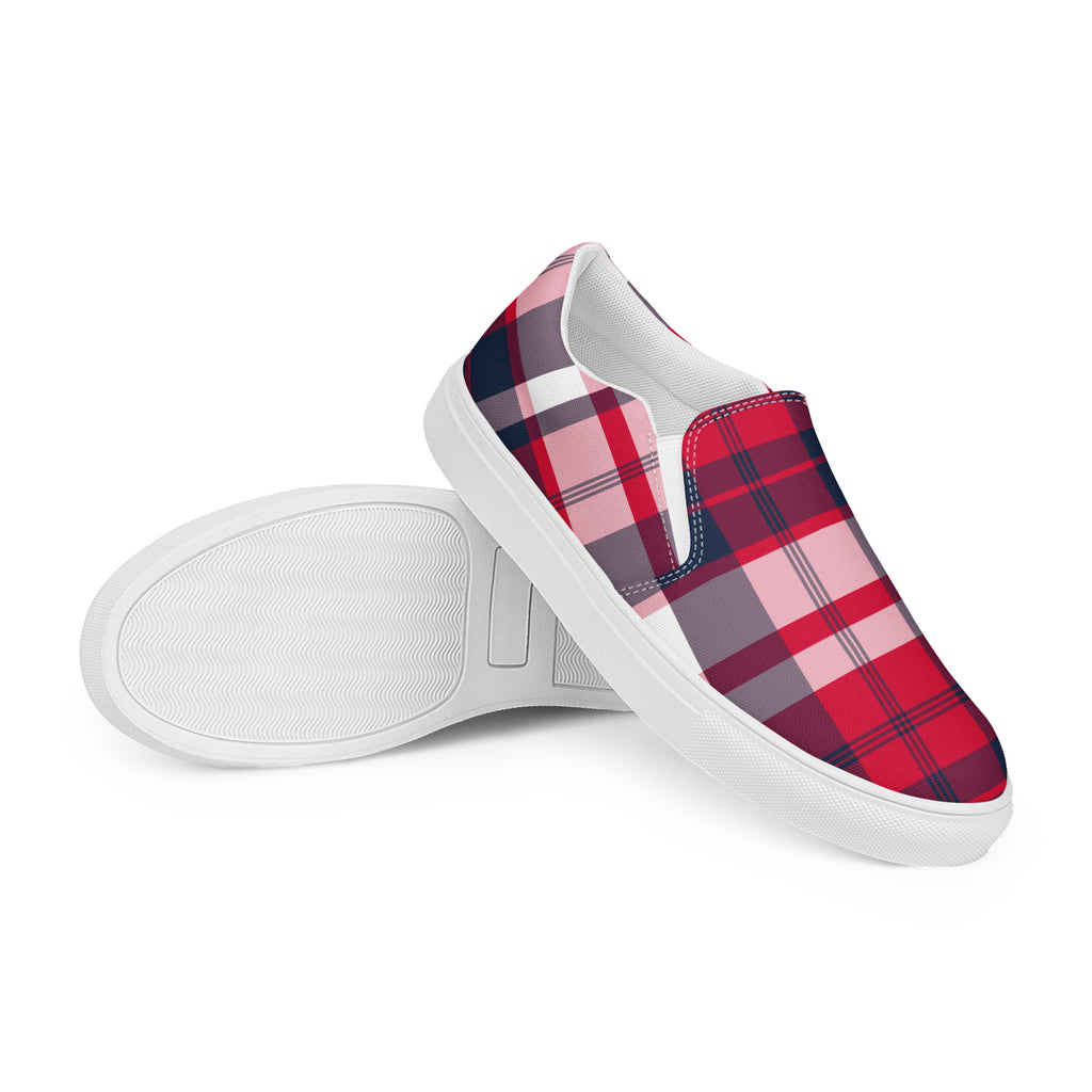 Red White and Navy Blue Preppy Surfer Plaid Men s Slip On Canvas Shoe Extremely Stoked