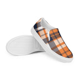 Orange & Navy Blue Plaid Men's Slip-On Sneakers | Extremely Stoked® Surf-Style Canvas Shoes