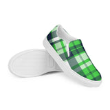 Lime Green & Navy Blue Plaid Men's Slip-On Sneakers | Extremely Stoked® Surf-Style Canvas Shoes