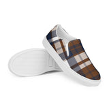 Brown & Navy Blue Plaid Men's Slip-On Sneakers | Extremely Stoked® Surf-Style Canvas Shoes