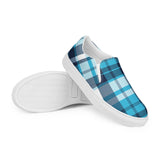 Aqua & Navy Blue Plaid Men's Slip-On Sneakers | Extremely Stoked® Surf-Style Canvas Shoes
