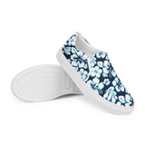 Aqua and Navy Blue Hawaiian Flowers Men's Slip-On Sneakers | Extremely Stoked® Surf-Style Canvas Shoes