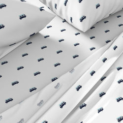 Navy Blue, White & Aqua Blue Surf Bus Sheet Set – Extremely Stoked® Eco Luxe Surfer Bedding Collection