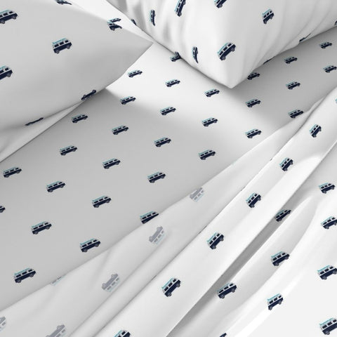 Navy Blue, White & Aqua Blue Surf Bus Sheet Set – Extremely Stoked® Eco Luxe Surfer Bedding Collection