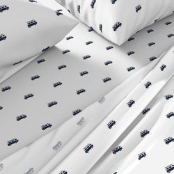 Navy Blue, White & Brown Surf Bus Sheet Set – Extremely Stoked® Eco Luxe Surfer Bedding Collection