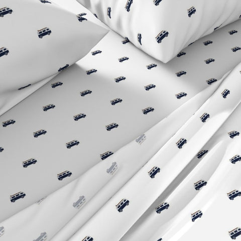Navy Blue, White & Brown Surf Bus Sheet Set – Extremely Stoked® Eco Luxe Surfer Bedding Collection