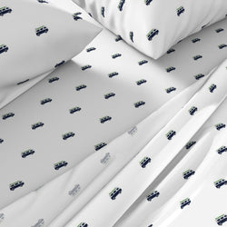 Navy Blue, White & Fresh Green Surf Bus Sheet Set – Extremely Stoked® Eco Luxe Surfer Bedding Collection