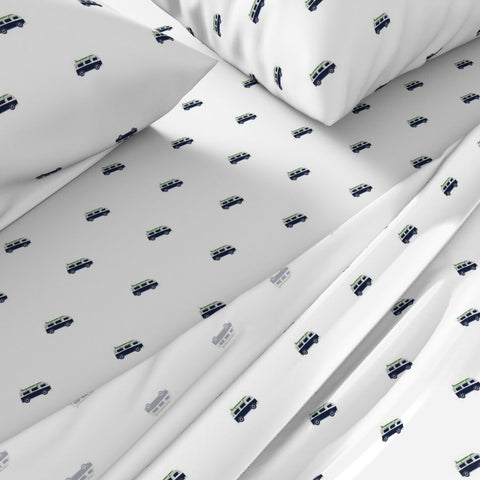 Navy Blue, White & Fresh Green Surf Bus Sheet Set – Extremely Stoked® Eco Luxe Surfer Bedding Collection