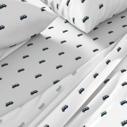 Navy Blue, White & Lime Green Surf Bus Sheet Set – Extremely Stoked® Eco Luxe Surfer Bedding Collection