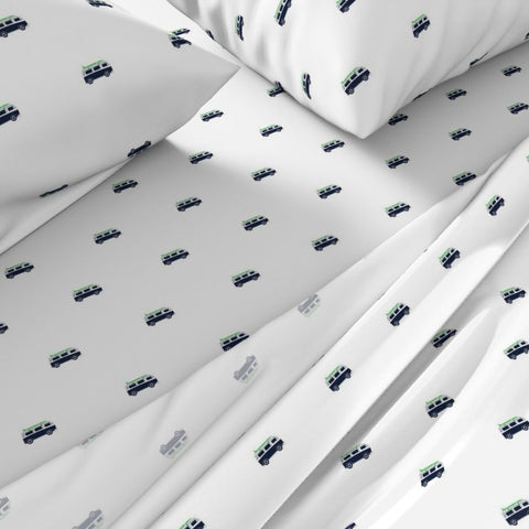 Navy Blue, White & Lime Green Surf Bus Sheet Set – Extremely Stoked® Eco Luxe Surfer Bedding Collection