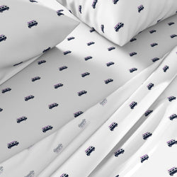 Navy Blue, White & Purple Surf Bus Sheet Set – Extremely Stoked® Eco Luxe Surfer Bedding Collection