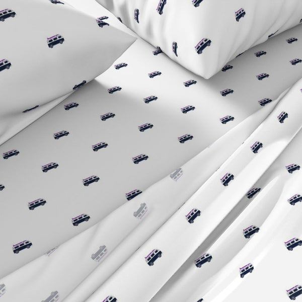 Navy Blue, White & Purple Surf Bus Sheet Set – Extremely Stoked® Eco Luxe Surfer Bedding Collection
