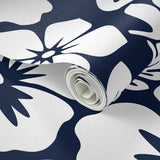 Navy Blue and White Hawaiian Flowers Wallpaper - Extremely Stoked