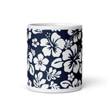 Navy Blue and White Hawaiian Flowers Coffee Mug - Extremely Stoked