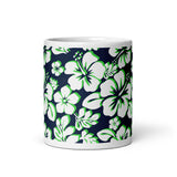 White and Lime Green Hawaiian Flowers on Navy Blue Coffee Mug - Extremely Stoked