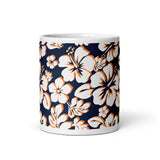 White and Orange Hawaiian Flowers on Navy Blue Coffee Mug - Extremely Stoked