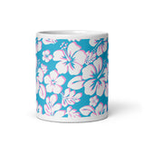 White and Pink Hawaiian Flowers on Aqua Blue Coffee Mug - Extremely Stoked