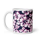 White and Hot Pink Hawaiian Flowers on Navy Blue Coffee Mug - Extremely Stoked
