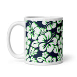 White and Lime Green Hawaiian Flowers on Navy Blue Coffee Mug - Extremely Stoked