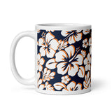 White and Orange Hawaiian Flowers on Navy Blue Coffee Mug - Extremely Stoked