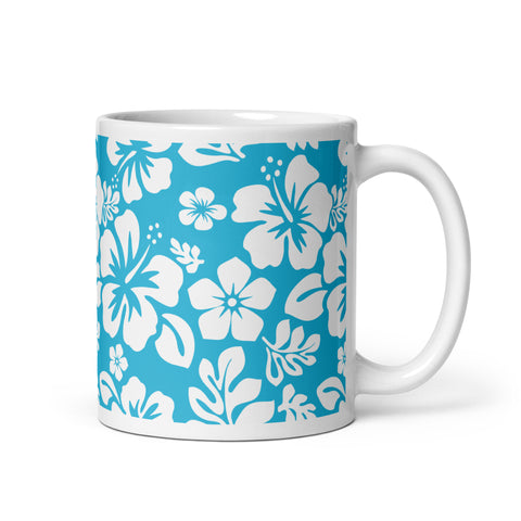 White and Aqua Blue Hawaiian Flowers Coffee Mug - Extremely Stoked