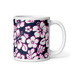 White and Hot Pink Hawaiian Flowers on Navy Blue Coffee Mug