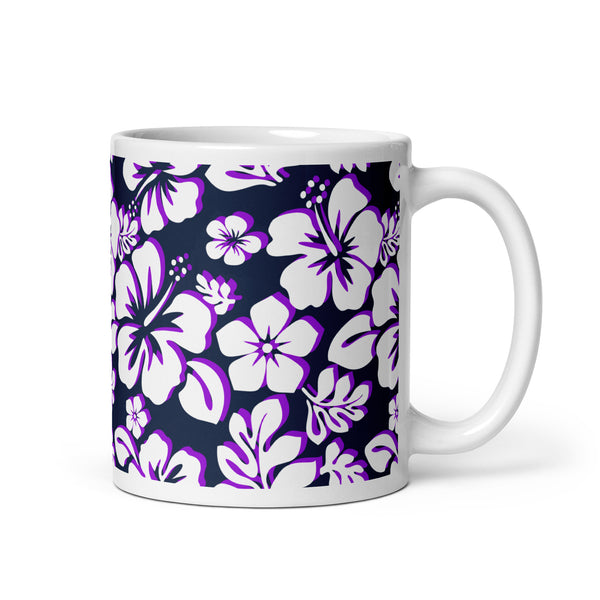 White and Purple Hawaiian Flowers on Navy Blue Coffee Mug