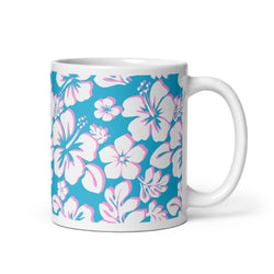White and Pink Hawaiian Flowers on Aqua Blue Coffee Mug - Extremely Stoked