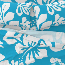 White Hawaiian Flowers on Aqua Ocean Blue Sheet Set from Surfer Bedding™️ Large Scale - Extremely Stoked