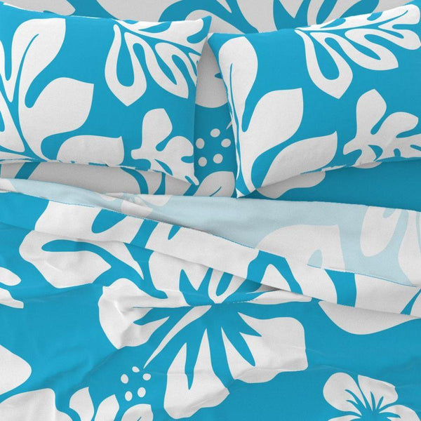 White Hawaiian Flowers on Aqua Ocean Blue Sheet Set from Surfer Bedding™️ Large Scale - Extremely Stoked