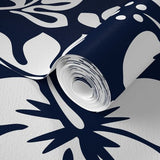 Navy Blue and White Hawaiian Flowers Wallpaper - Extremely Stoked