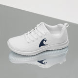 Women’s White Athleisure Sneakers with Navy Blue Epic Wave Logo – Extremely Stoked® Surf Style Shoes