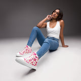 Women's Hot Pink, White and Orange Hawaiian Print  High Top Canvas Shoes