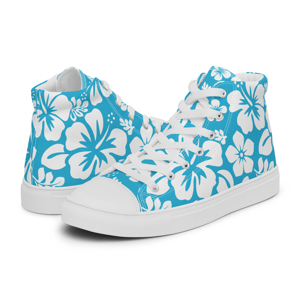 Women s Aqua Blue and White Hawaiian Print High Top Canvas Shoes