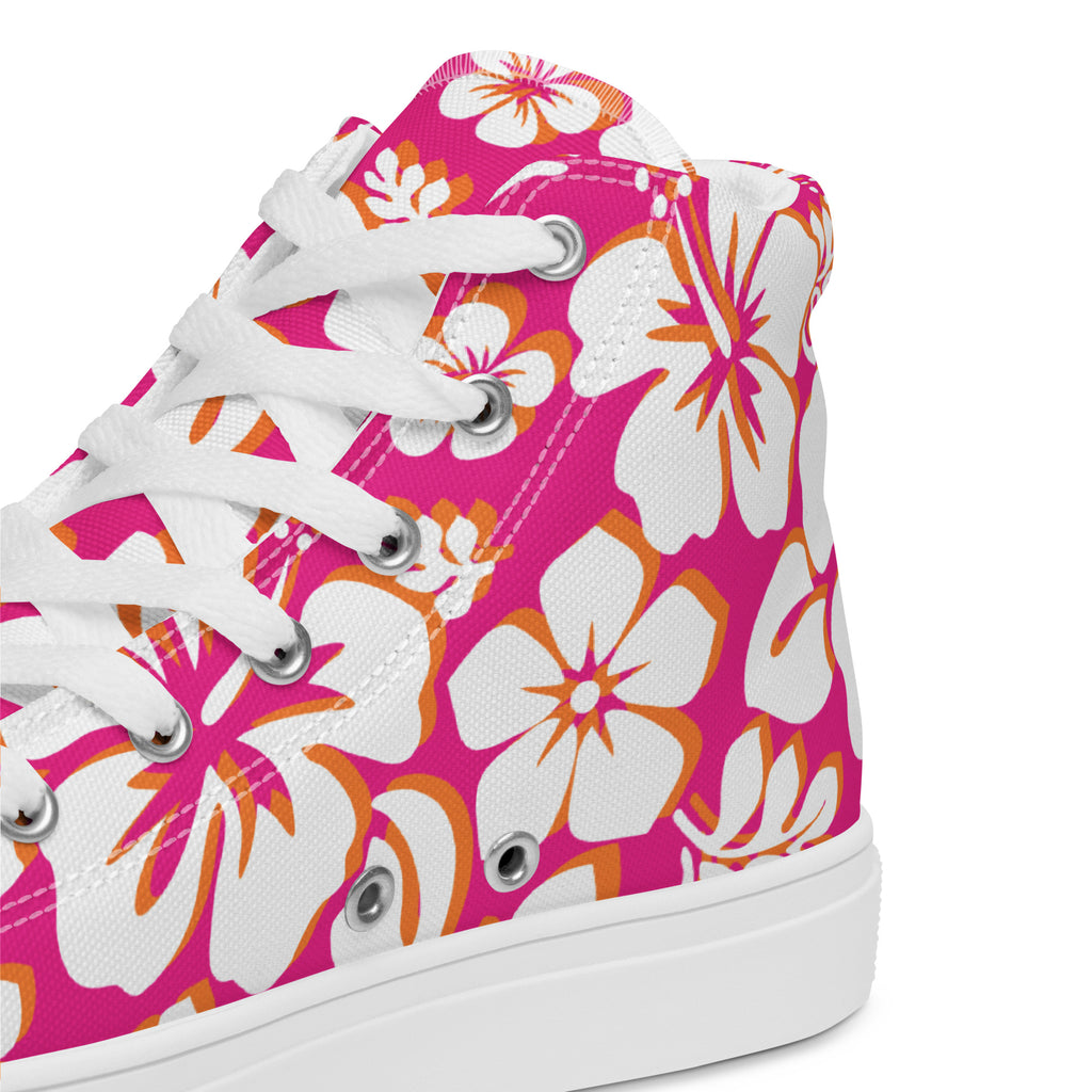 Women s Hot Pink White and Orange Hawaiian Print High Top Canvas Shoe Extremely Stoked