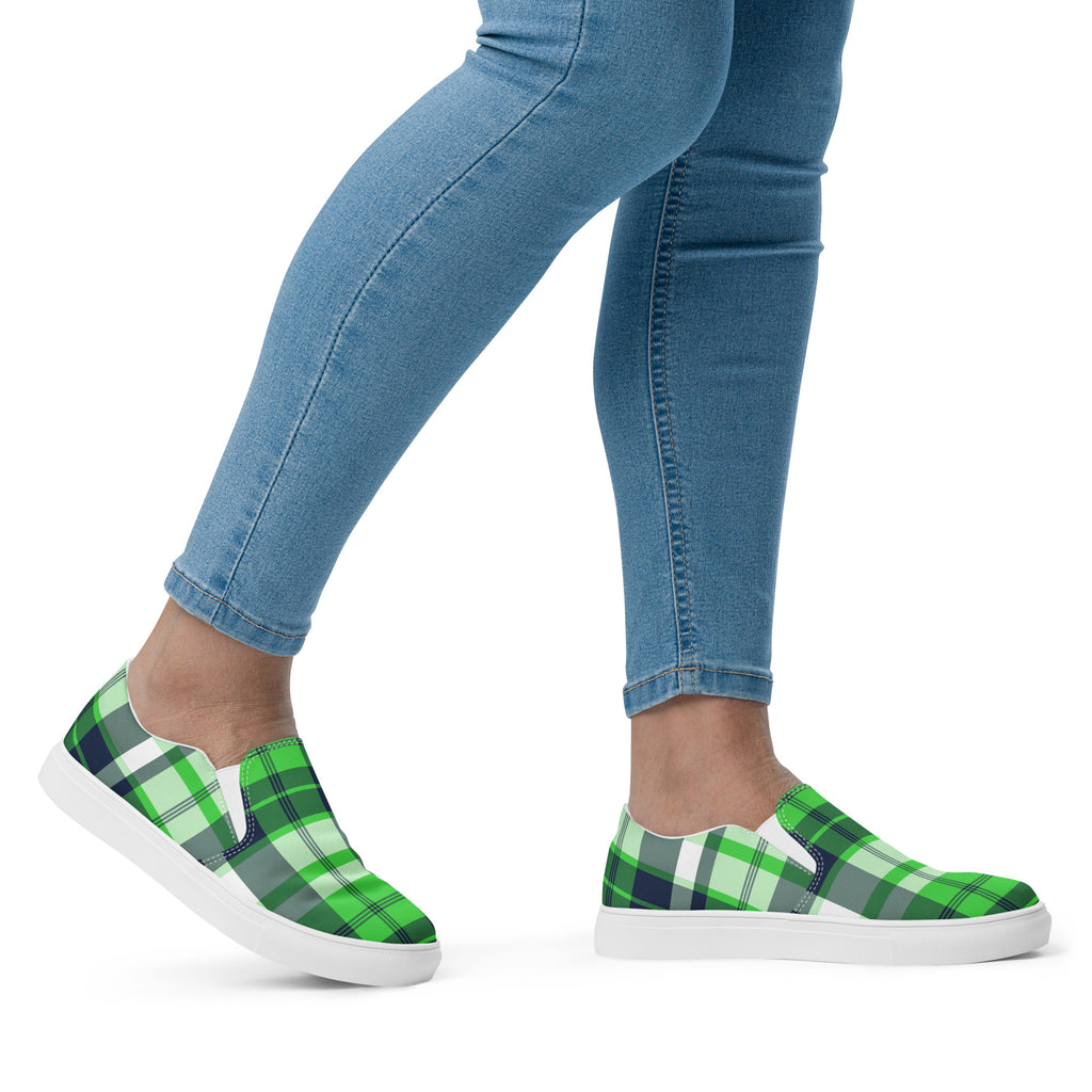 Lime Green Navy Blue Plaid Women's Slip-On Sneakers Extremely