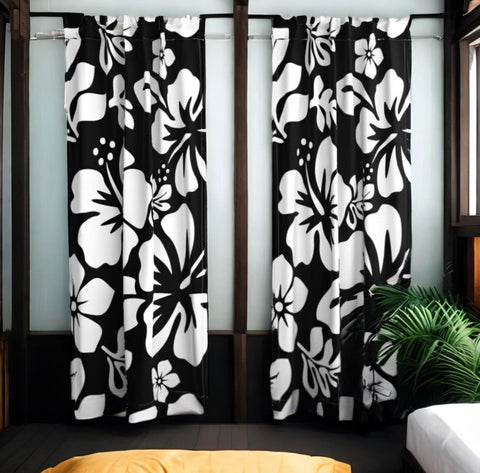 Black and White Hawaiian Flowers Window Curtains - Extremely Stoked