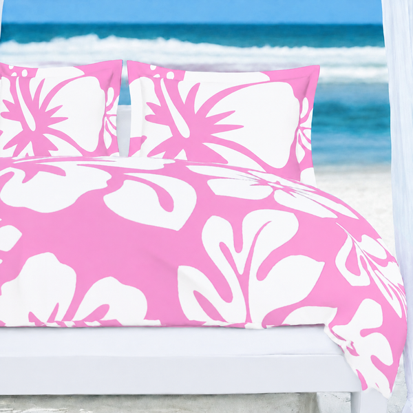 Pink & White Hawaiian Flowers Duvet Cover – Large Scale – Extremely Stoked® Eco Luxe Beach Bedding