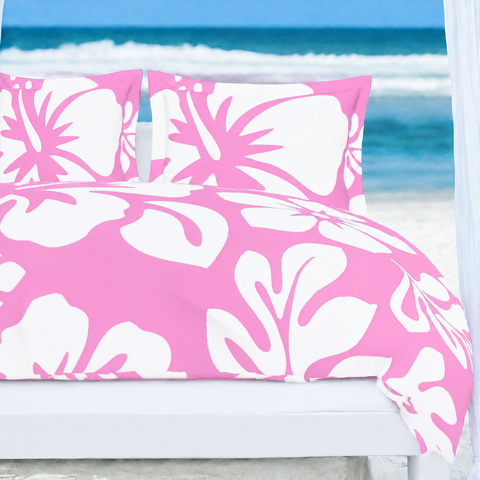 Pink & White Hawaiian Flowers Duvet Cover – Large Scale – Extremely Stoked® Eco Luxe Beach Bedding