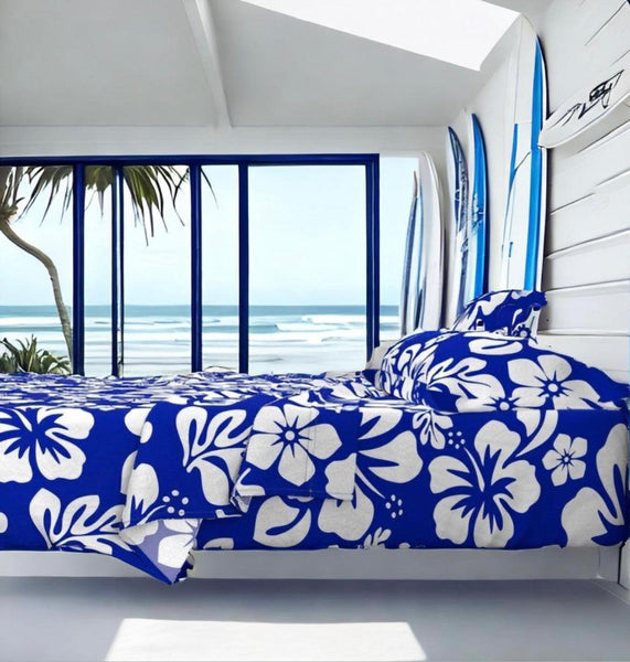 White Hawaiian Flowers on Royal Blue Sheet Set from Surfer Bedding™️ Medium Scale - Extremely Stoked