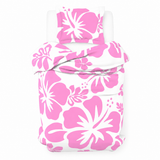 Pink Hawaiian Flowers on White Duvet Cover – Large Scale – Extremely Stoked® Eco Luxe Beach Bedding
