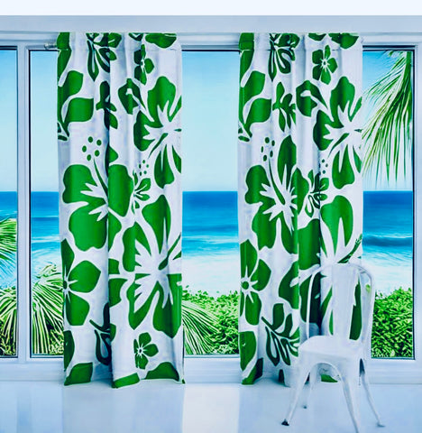 Fresh Green Hawaiian Flowers on White Window Curtains - Extremely Stoked