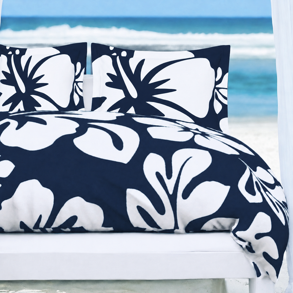 Navy Blue & White Hawaiian Flowers Duvet Cover – Large Scale – Extremely Stoked® Eco Luxe Beach Bedding