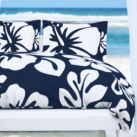 Navy Blue & White Hawaiian Flowers Duvet Cover – Large Scale – Extremely Stoked® Eco Luxe Beach Bedding