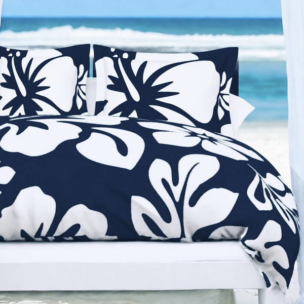 Navy Blue & White Hawaiian Flowers Duvet Cover – Large Scale – Extremely Stoked® Eco Luxe Beach Bedding
