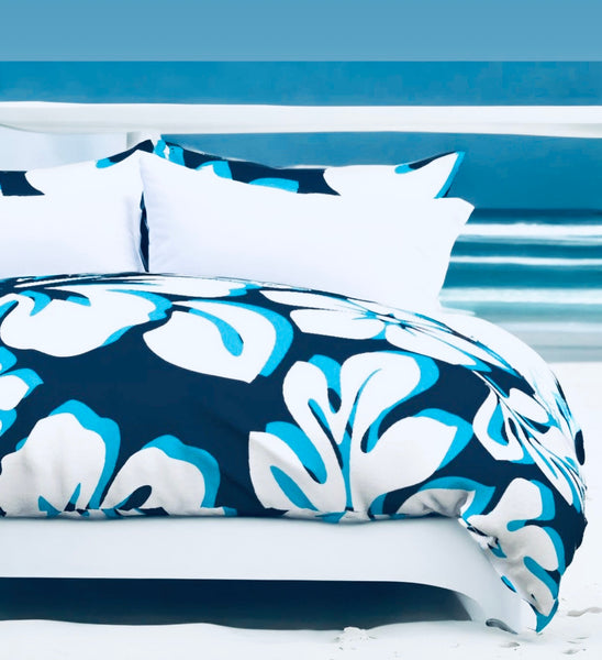 Navy Blue, White and Aqua Ocean Blue Hibiscus and Hawaiian Flowers Duvet Cover - Large Scale - Extremely Stoked